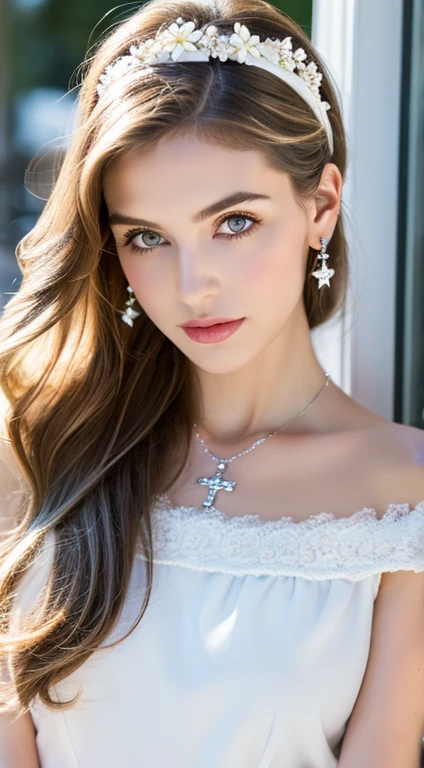 masterpiece, highest quality, Ultra-detailed, Detailed face, One girl, alone, length_hair, Upper Body, (View Viewer:1.5), Intricate details,8k,(Realistic:1.4) Perfect Face, Beautiful Face, Perfect Eyes, Beautiful Eyes, very length hair, silver hair, white hairband, ponytail,Crystal Earrings, Cross Necklace, winter, snow day, White T-shirt,Shorts, Large scarf, Super delicate skin,White soft skin,Clear skin
