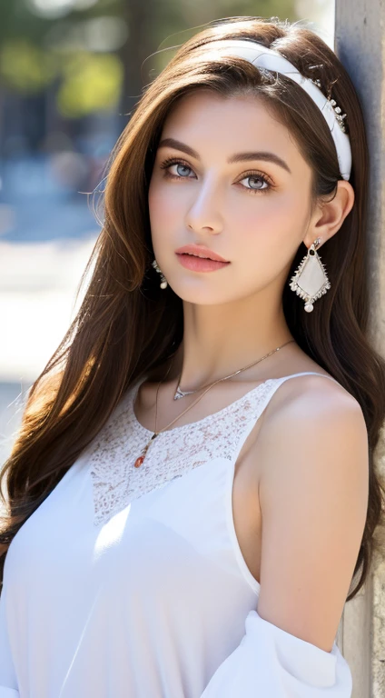 masterpiece, highest quality, Ultra-detailed, Detailed face, One girl, alone, length_hair, Upper Body, (View Viewer:1.5), Intricate details,8k,(Realistic:1.4) Perfect Face, Beautiful Face, Perfect Eyes, Beautiful Eyes, very length hair, silver hair, white hairband, ponytail,Crystal Earrings, Cross Necklace, winter, snow day, White T-shirt,Shorts, Large scarf, Super delicate skin,White soft skin,Clear skin