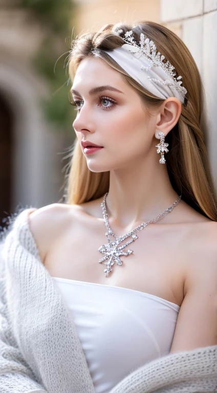 masterpiece, highest quality, Ultra-detailed, Detailed face, One girl, alone, length_hair, Upper Body, (View Viewer:1.5), Intricate details,8k,(Realistic:1.4) Perfect Face, Beautiful Face, Perfect Eyes, Beautiful Eyes, very length hair, silver hair, white hairband, ponytail,Crystal Earrings, Cross Necklace, winter, snow day, White T-shirt,Shorts, Large scarf, Super delicate skin,White soft skin,Clear skin