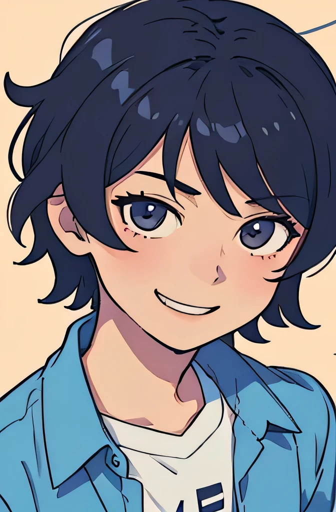 perfect anime illustration, closeup, straight angle portrait of a boy having short messy hairs, highly detailed face, cute anime style , standing straight, smiling