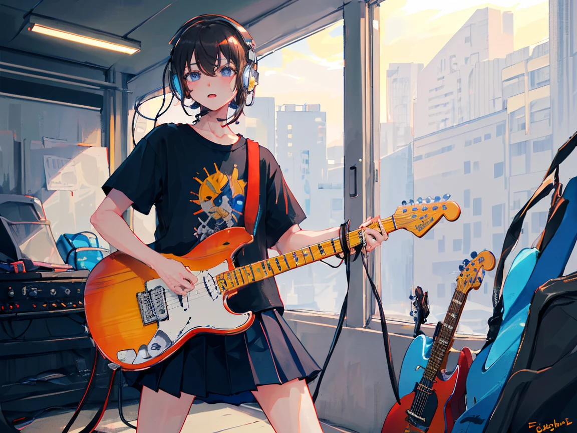 ((masterpiece,best quality)),1girl, solo, black skirt, blue eyes, electric guitar, guitar, headphones, holding, holding plectrum, instrument, long straight hairs, music, one side up, black hair, playing guiter, pleated skirt, black shirt, indoors ,(adult),bangs,(straight on:1.5)