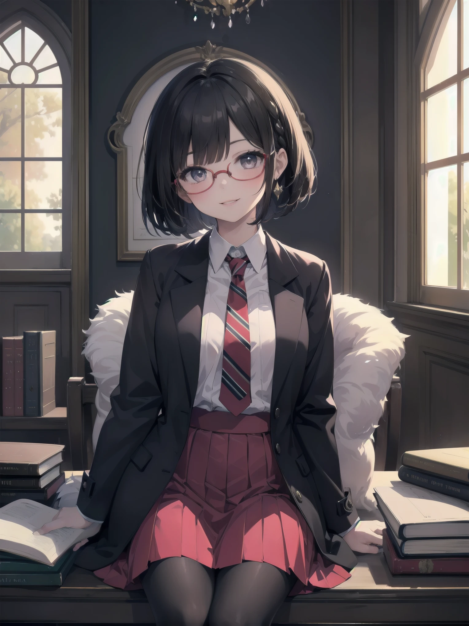 Masterpiece, high quality, high quality, super detailed, 1 girl, solo, looking directly up at viewer, smiling, priss skirt, dark hair, sitting, uniform, lips parted, tie, glasses, black tights, indoor, dark eyes, coat, book, cosplay, window, red skirt, bob cut braided, round glasses, adjust glasses, Hogwarts uniform