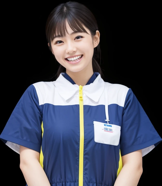 Japanese woman young laughing White teeth are visible Behind is a convenience store