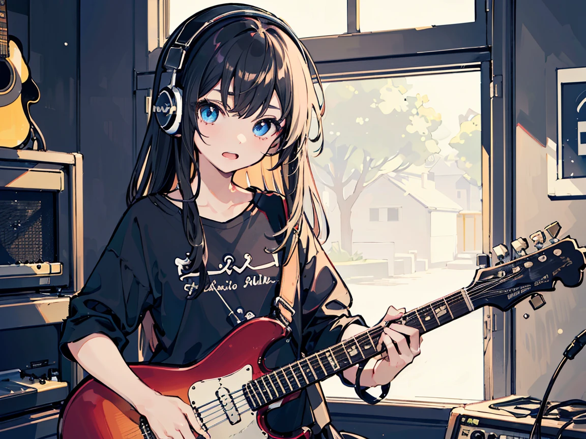 ((masterpiece,best quality)),1girl, solo, black skirt, blue eyes, electric guitar, guitar, headphones, holding, holding plectrum, instrument, long straight hairs, music, one side up, black hair, playing guiter, pleated skirt, black shirt, indoors ,(adult),bangs,(straight on:1.5)
