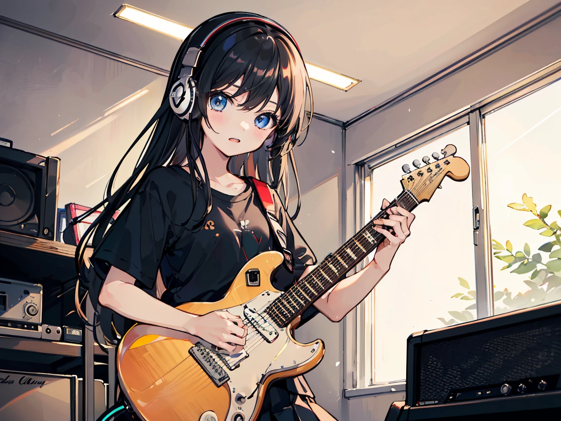 ((masterpiece,best quality)),1girl, solo, black skirt, blue eyes, electric guitar, guitar, headphones, holding, holding plectrum, instrument, long straight hairs, music, one side up, black hair, playing guiter, pleated skirt, black shirt, indoors ,(adult),bangs,(straight on:1.5)