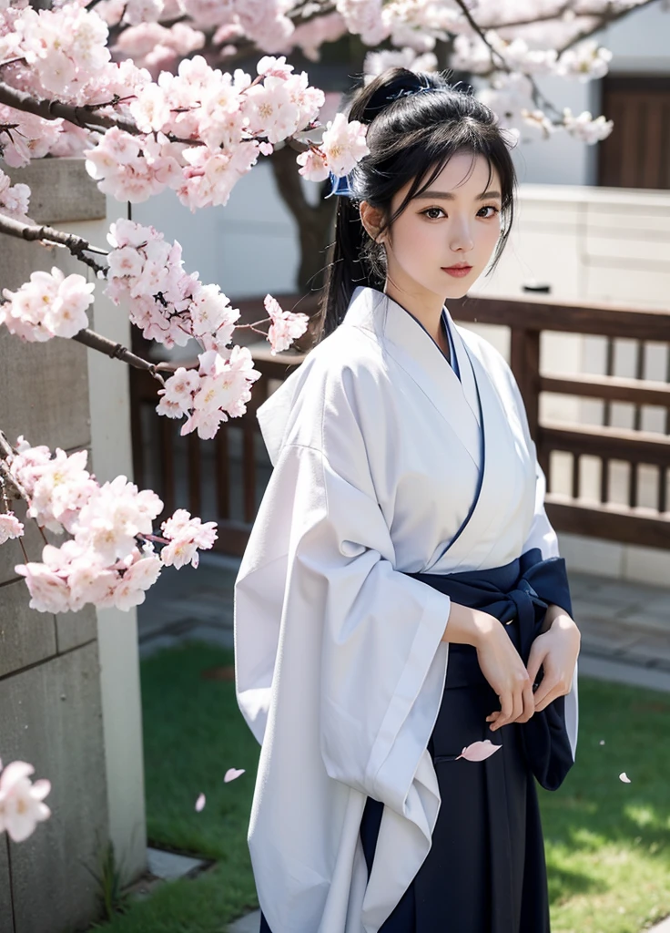 cat girl, black hair, white kimono, Blue Hakama, cherry blossom petals falling