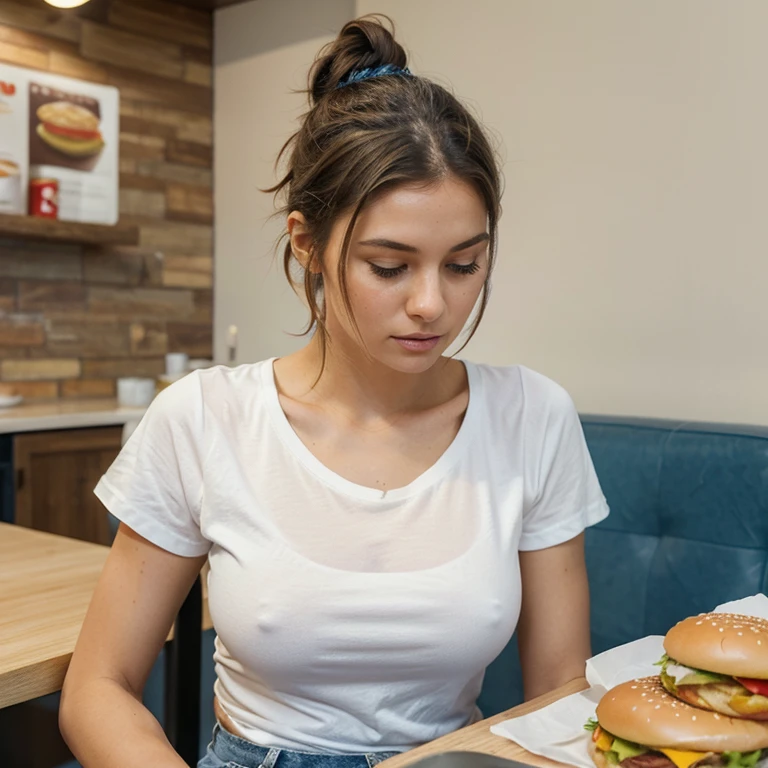 Realistic, photography,detail skin,beautiful girl with her hair tied up wearing a white t-shirt and blue jeans sits as a fast food judge judging the delicious looking 3 layer hamburger and separate sauce served at the table