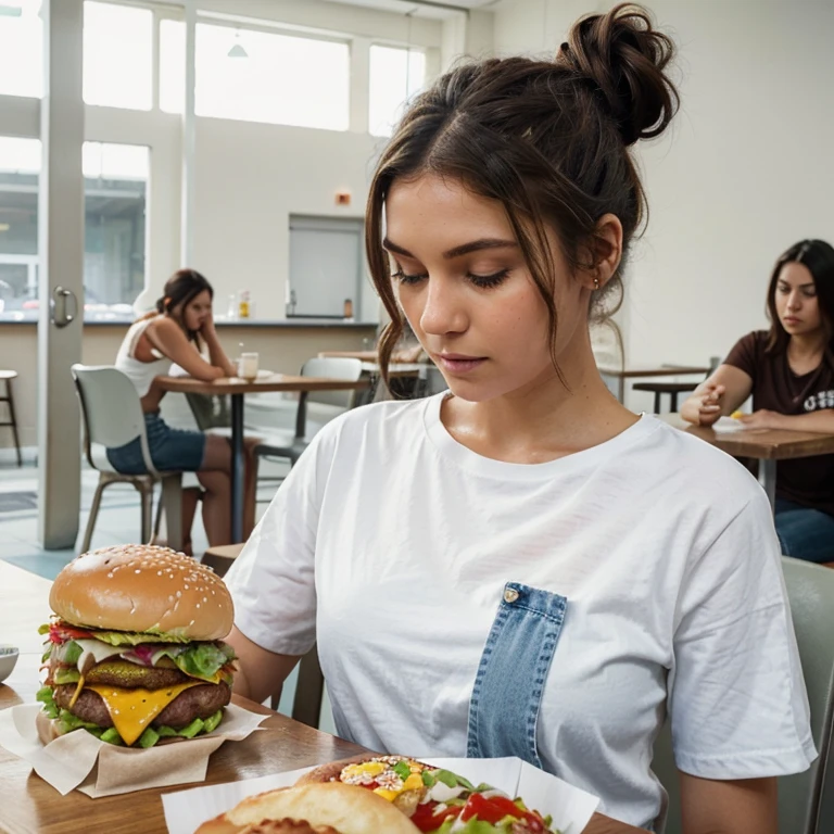 Realistic, photography,detail skin,beautiful girl with her hair tied up wearing a white t-shirt and blue jeans sits as a fast food judge judging the delicious looking 3 layer hamburger and separate sauce served at the table