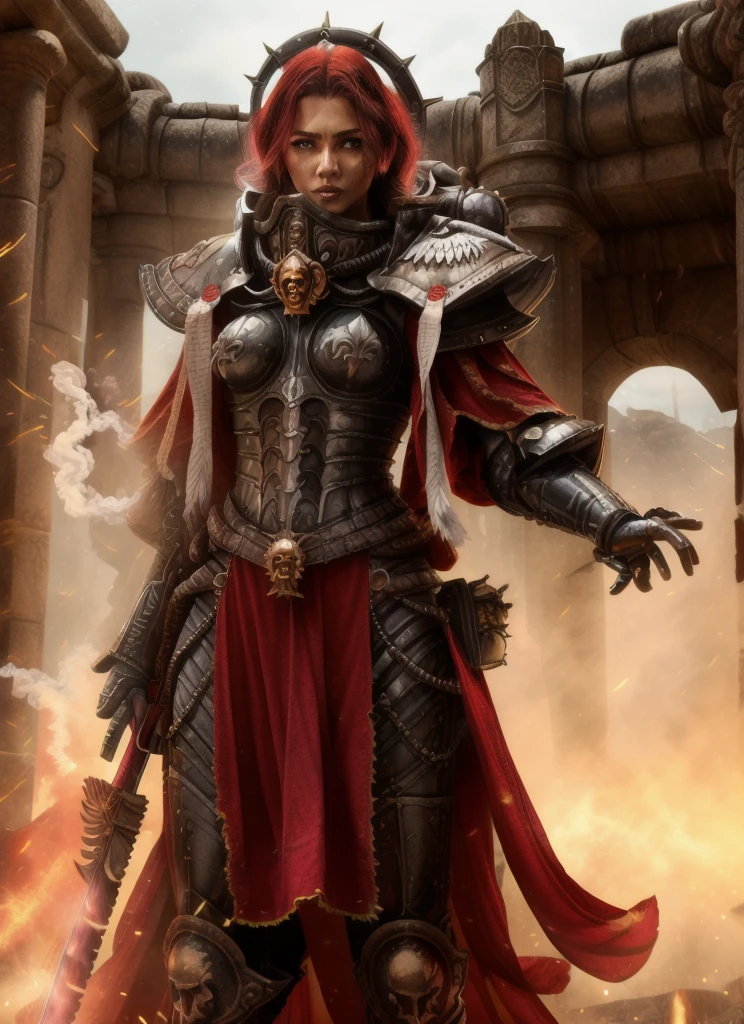 high quality photo of standing whsororitas with sword in hands whsororitas, znd long wavy hair long curly hair, flaming city ruins in background, dust and smoke, atmospheric lighting, white paper scrolls with text, red wax seals, saturated colors, Charlise Terion face, star trek cinematic,warhammer 40k, beautiful face, detailed face, whrepentia with sword
