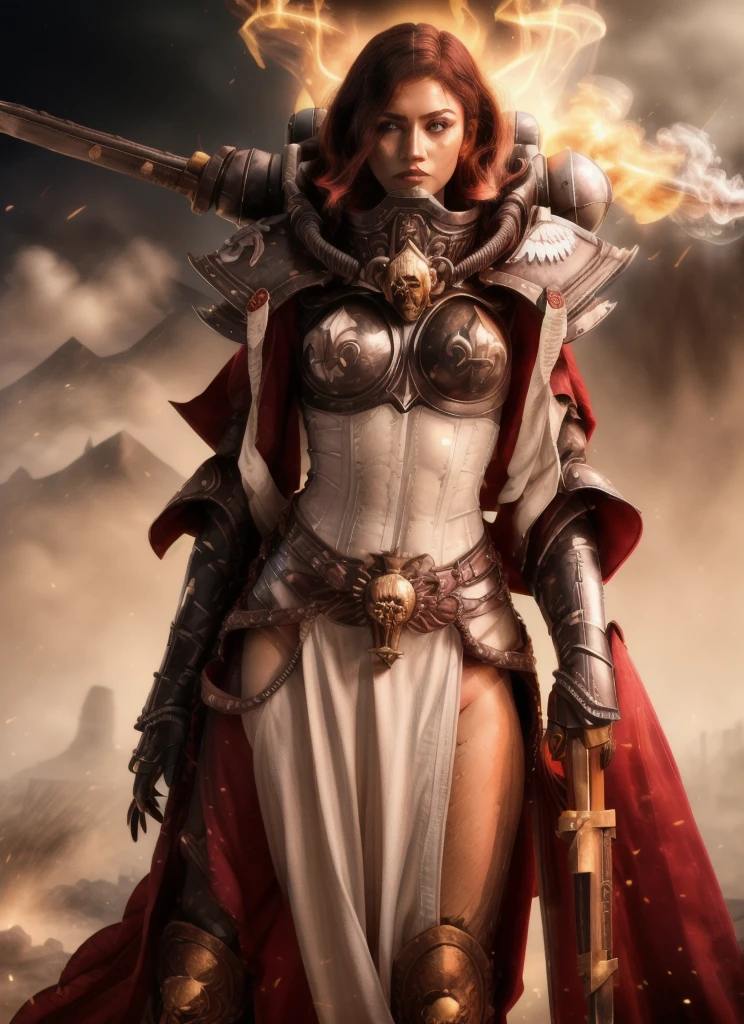 high quality photo of standing whsororitas with sword in hands whsororitas, znd long wavy hair long curly hair, flaming city ruins in background, dust and smoke, atmospheric lighting, white paper scrolls with text, red wax seals, saturated colors, Charlise Terion face, star trek cinematic,warhammer 40k, beautiful face, detailed face, whrepentia with sword
