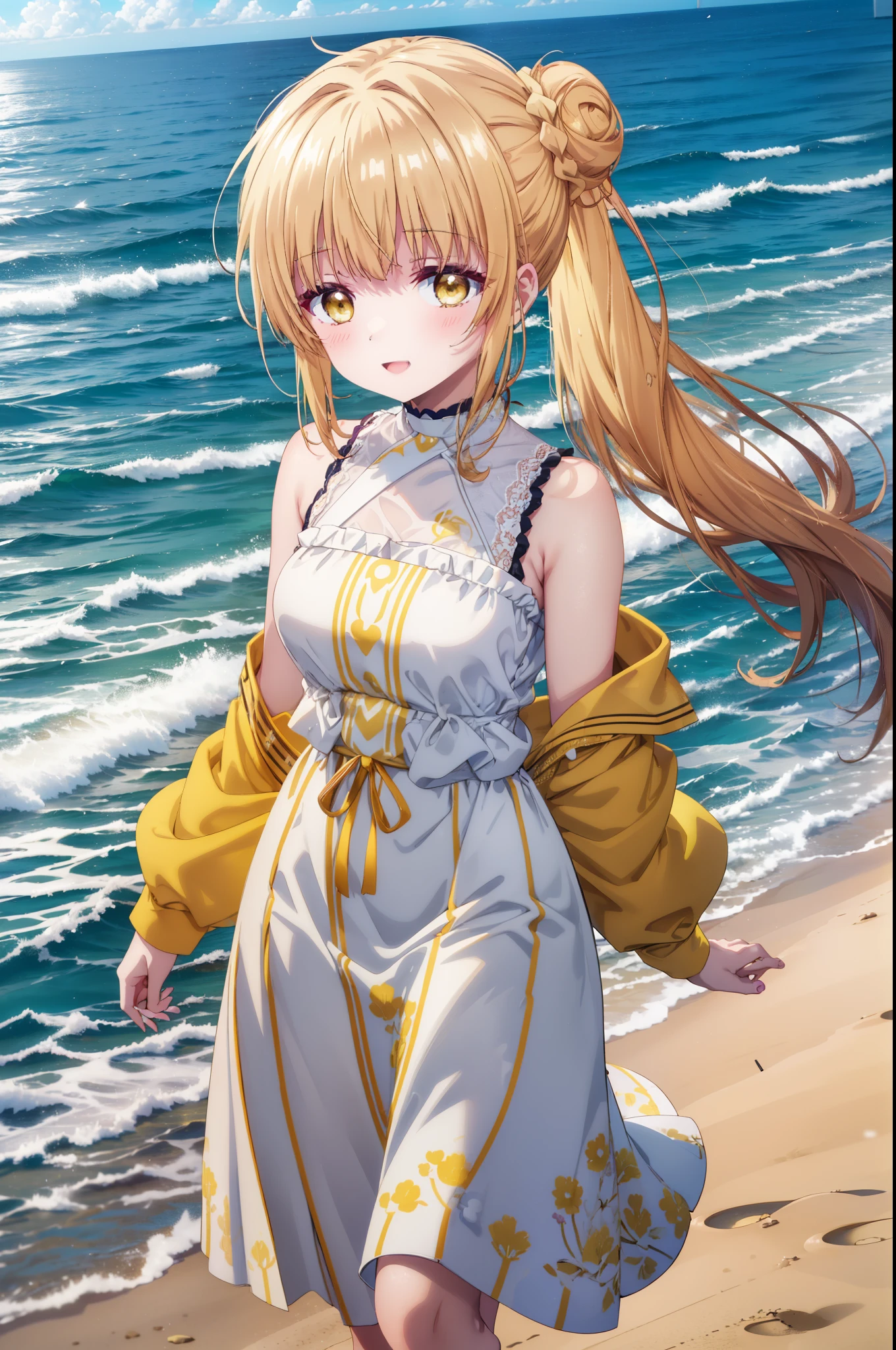 mahirushiina, Mahiru shiina, Long Hair, bangs, Blonde Hair, Brown Hair, (Yellow Eyes:1.3), happy smile, smile, Open your mouth,smile,Black jacket,Hair Bun, double  Hair Bun,Yellow sleeveless dress,Yellow long skirt､barefoot,Strolling on the sandy beach,True Summer,Daytime,coastal通,whole bodyがイラストに入るように,
break outdoors, coastal,
break looking at viewer, whole body,
break (masterpiece:1.2), highest quality, High resolution, unity 8k wallpaper, (figure:0.8), (Beautiful fine details:1.6), Highly detailed face, Perfect lighting, Highly detailed CG, (Perfect hands, Perfect Anatomy),