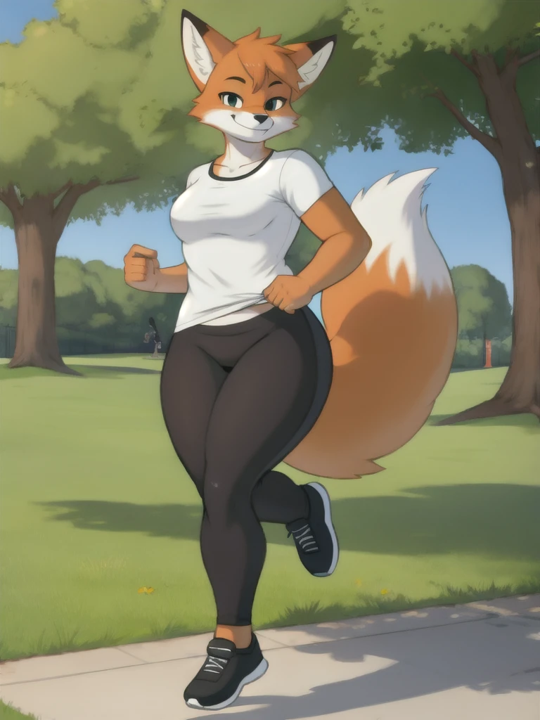 Furry, fox, smile, black leggings, white shirt, jogging, solo, park
