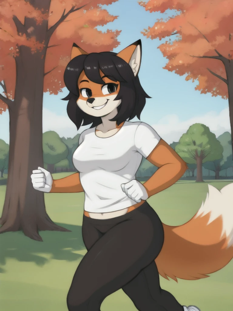 Furry, fox, smile, black leggings, white shirt, jogging, solo, park