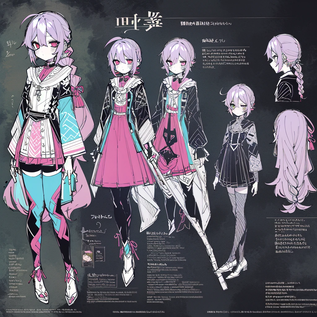 (character design sheet, (((same character))), front, side, back), 2d anime style, anime moe art style, 1 person, genderless, pink hair, long bangs, a slender twisted braid, golden eyes, glowing eyes, no clothes, black limbs, cute art style, anime style illustration, by Kamagurka, in pixiv, pixiv style, pixiv, in anime style, anime art style, full body commission