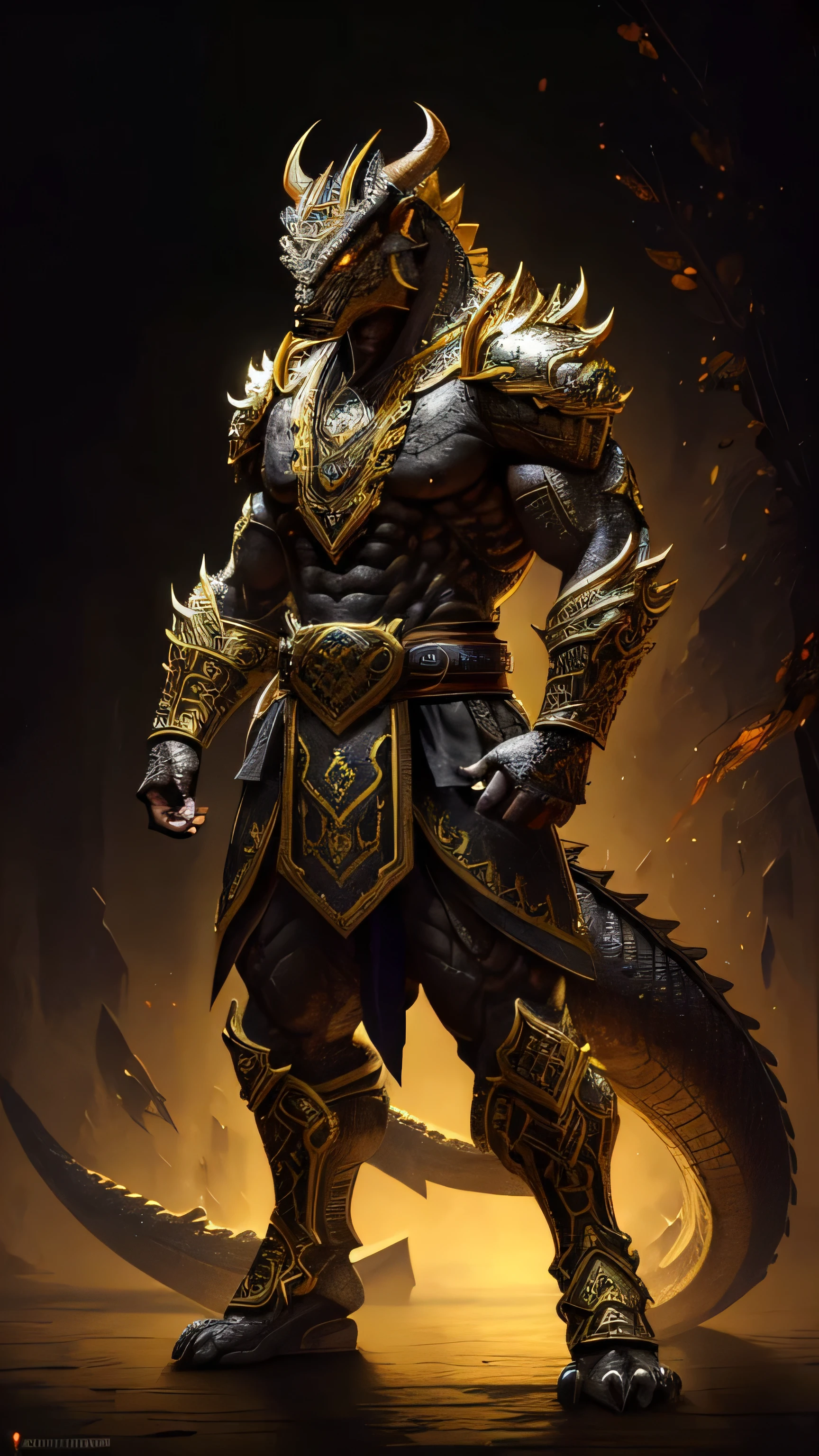 Onaga from Mortal Kombat, dark gray dragonborn, massive muscular physique, horns, tail, glowing yellow eyes, royal ornate armor, intricate motifs, 1man, solo, full body view, front view, looking at viewer, intricate, high detail, sharp focus, dramatic, photorealistic painting art by greg rutkowski