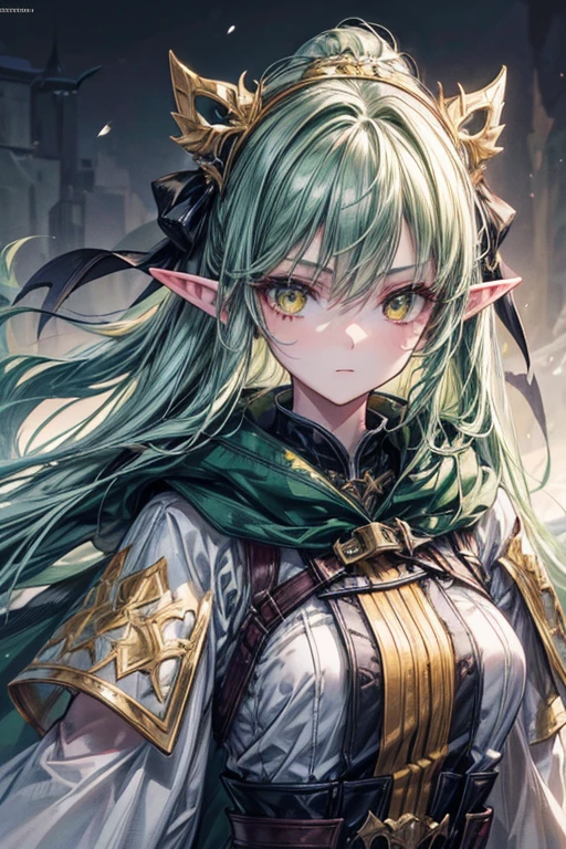 1girl, extremely detailed eyes and face, beautiful detailed eyes, long light green hair, yellow eyes, elf ears, hunter outfit, holding a bow, cloak, hood, masterpiece, best quality, photo-realistic, hyper detailed, 8k, cinematic lighting, dramatic lighting, fantasy, anime style