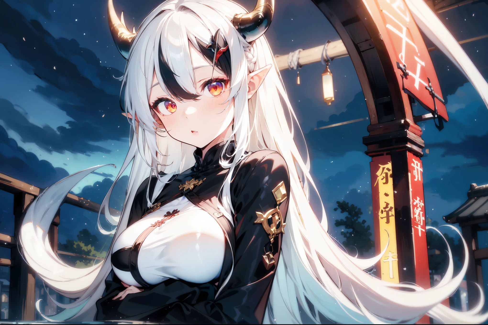 (best quality, highres, masterpiece : 1.4), (flatten art : 0.8), masterpiece, (best quality), dark environment, 1woman, anime, long hair, white hair, straight hair, horns, pale skin, deep red eyes, dragon eyes, pointy ears, white ao dai, tall, medium sized breast, alluring face, (detailed face), solo, lake, mystical atmosphere, night, close-up