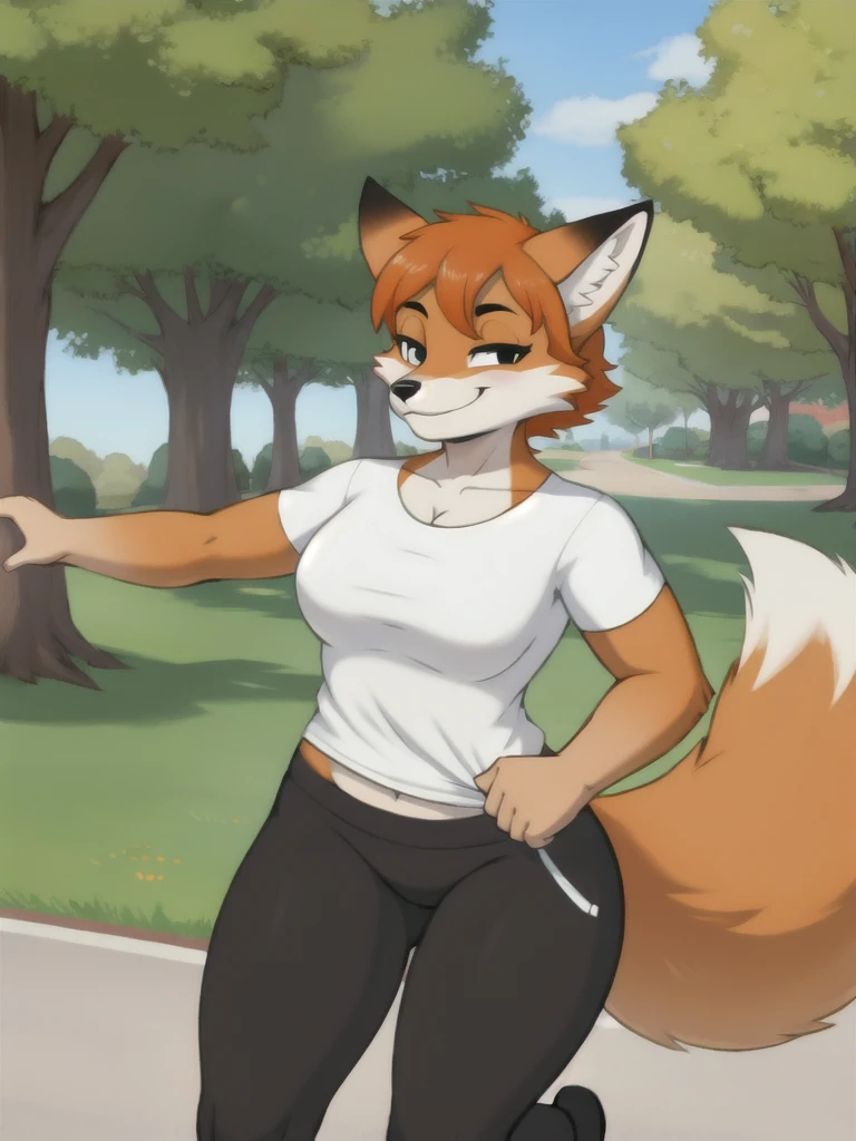 Furry, fox, smile, black leggings, white shirt, jogging, solo, park