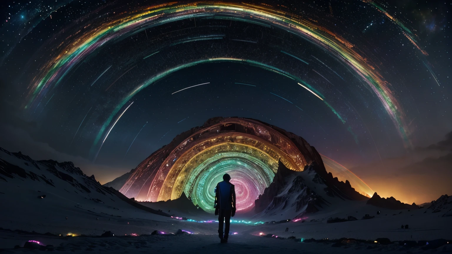 Amazing breathtaking surrealism, optical illusion surreal image of an intricate glowing never-ending HUGE VIBRANT BRIGHT spiral SPIRALING rainbow portal made of stars constellations crystals and colorful rainbow glitter with cities and fossils built into it! ! bioluminescent crystals all over the place, leading into a starry galaxy, a silhouette of_a_man_is_walking_in_it, super colorful, hyperdetailed, intricate, spiral multiverse, continuous spiral pattern, space, stars, intricate, highly detailed, 8k, radiant