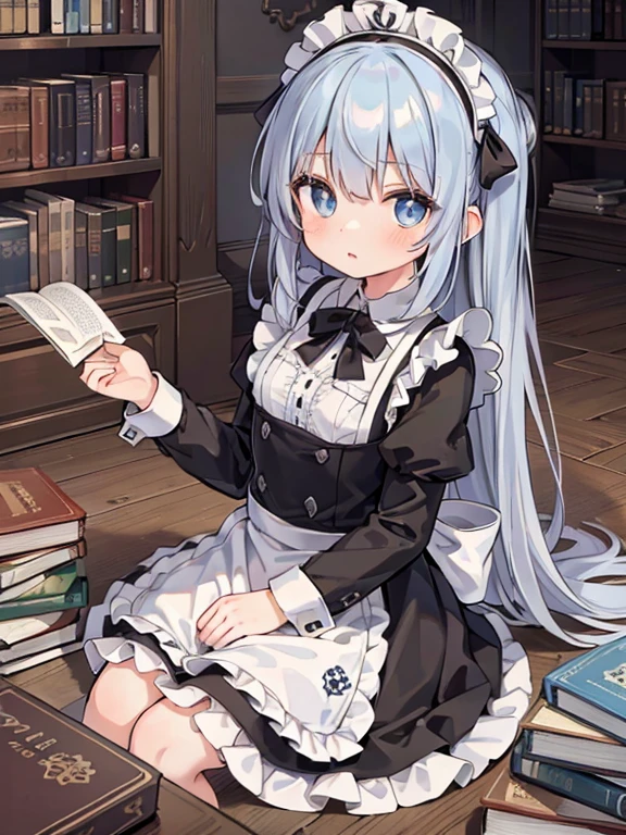 masterpiece, highest quality, Very detailed, 16k, Ultra-high resolution, , Detailed face, blue eyes, Silver Hair, Long Hair, Black maid outfit, Western-style building, Library ai, Bookshelf, I have a lot of books