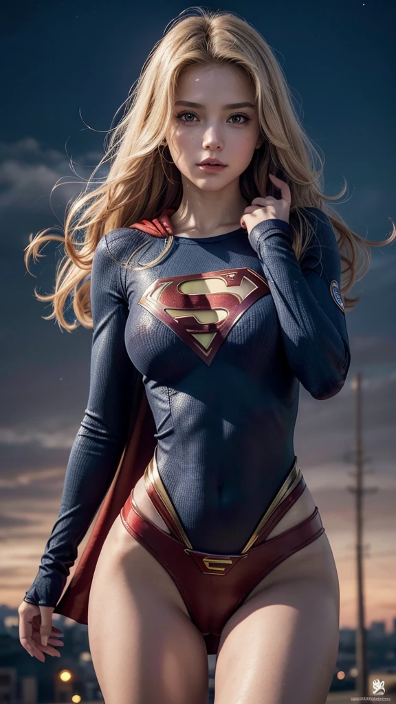 Supergirl flying, semidesnuda, traje iconico sexy espectacular con capa roja, logo de Superman en la capa, very sexy small clothes, guantes rojos adornados, botas rojas adornadas, el viento levanta su capa, joven, cuerpo muy delgado, super skynny body, small and beautiful buttocks, abdomen tonificado, I can see her beautiful and perfect small breasts, escote amplio, piernas hermosas, manos perfectas, intelligent, light particles surround your body, poder resplandeciente, obscena, super powerful, sensual, ella observa la ciudad desde el cielo, metropolis city, se observa la luna grande en el fondo,mirada sensual, ojos hermosos,long hair, classic hairstyle,Hair dyed in bright blonde color, Best quality,8K,A high resolution,Masterpiece,Ultra detailed,Realistic, Photorealistic,photo realistic