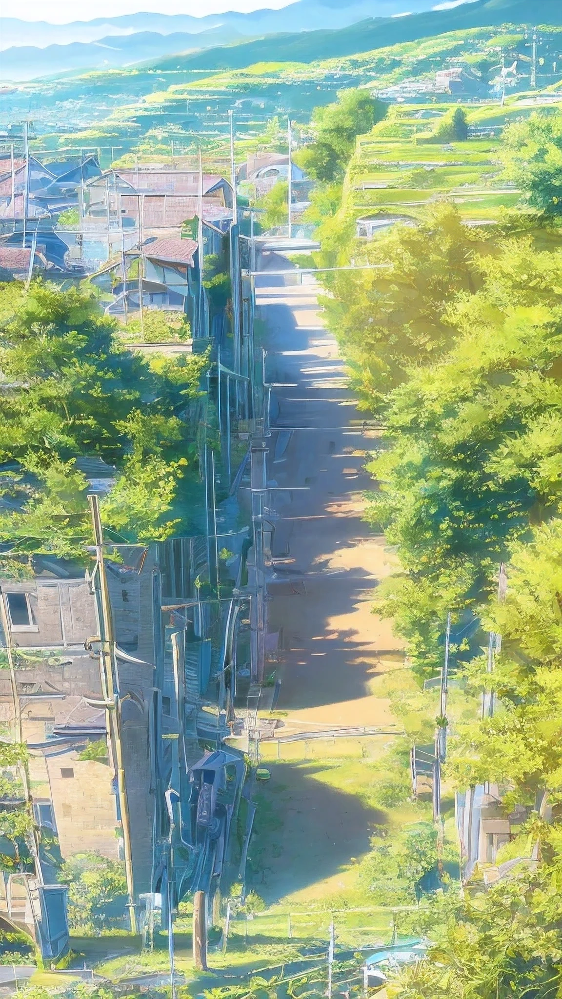 A picturesque seaside village unfolds from a steep, winding street, descending toward a vibrant blue bay. Traditional Japanese houses with tiled roofs and wooden exteriors line the foreground, partially shaded by lush green foliage. The narrow street is adorned with a few signs and utility poles, adding a touch of everyday life to the scene.
In the distance, the village sprawls out along the coastline, a patchwork of rooftops nestled among dense greenery. The bay is serene, its deep blue waters contrasting with the bright sky. A sandy beach curves along the shore, dotted with tiny boats and the occasional seagull soaring above.
Beyond the village, majestic mountains rise dramatically, their slopes covered in a mix of dense forests and rocky outcrops. The mountains are bathed in sunlight, with shadows accentuating their rugged texture. The sky overhead is a brilliant blue, filled with large, fluffy cumulus clouds that add depth and dimension to the scene. The overall atmosphere is tranquil and idyllic, capturing the serene beauty of a coastal village on a clear, sunny day.