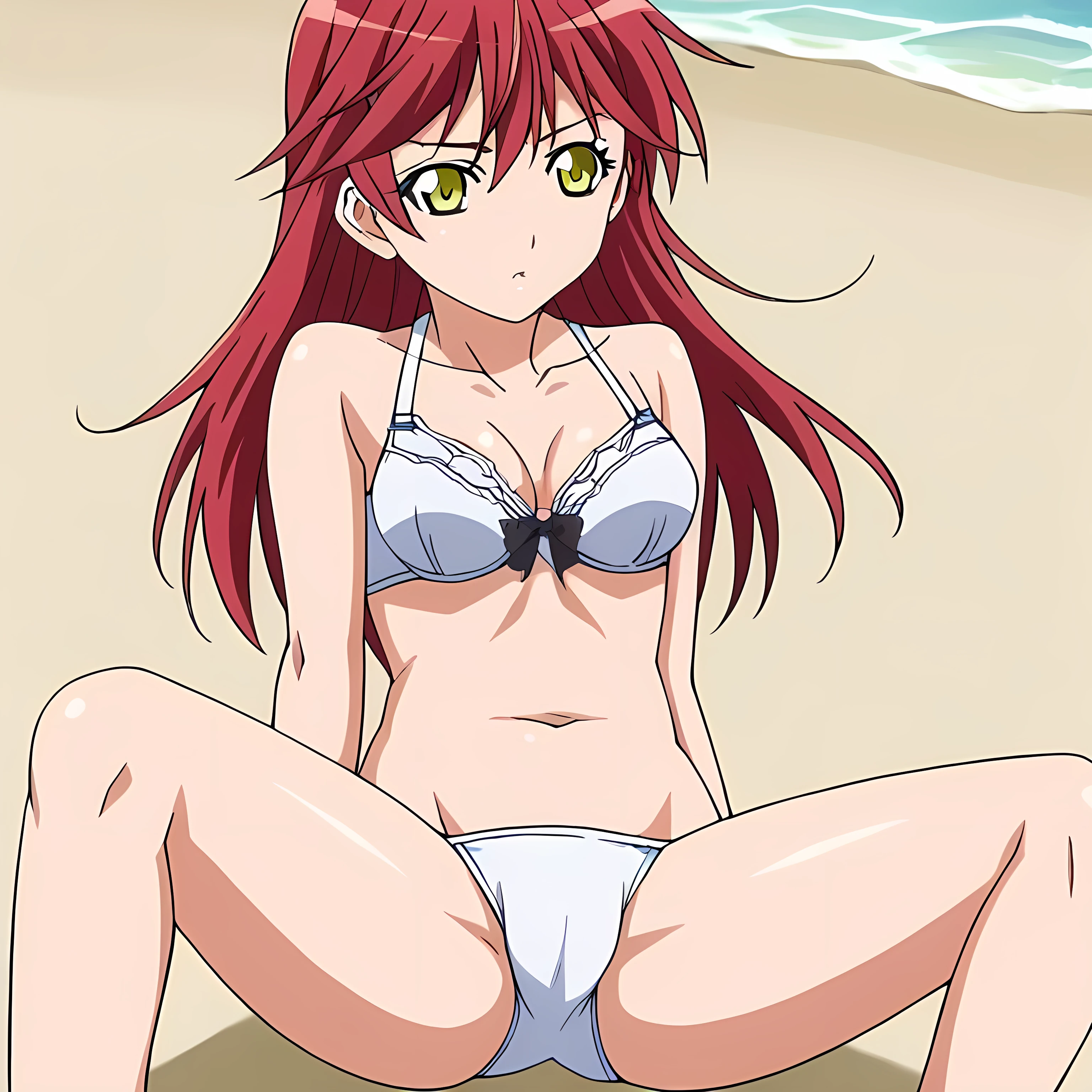 source_anime,
long hair, yellow eyes, red hair, on the beach ,sentada, no showing panties and bra,
solo icon