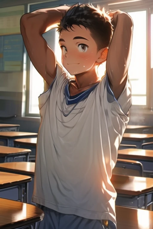 High school student in 、The front of the shirt is open、Wiping sweat from underarms、classroom、The sunlight is shining