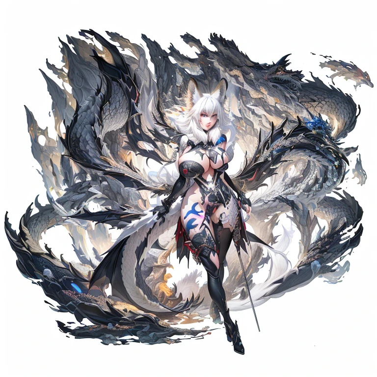 from Ark of Tomorrow, Ark of Tomorrow, (((masterpiece, best quality at best, Ultra-high resolution, CG unified 8K wallpaper, best quality, Ultra Detailed, Ultra-high-definition picture quality))),Correct structure,(((white fox ears, Nine white fox tails, nine-tailed fox, Female alone, white hair))), , ((((((huge breasts)))))) , heterochromic, Golden left eye, Red right eye, The dragon's vertical pupils, , ((crotch tattoo)),,,Correct proportions,人体Correct proportions