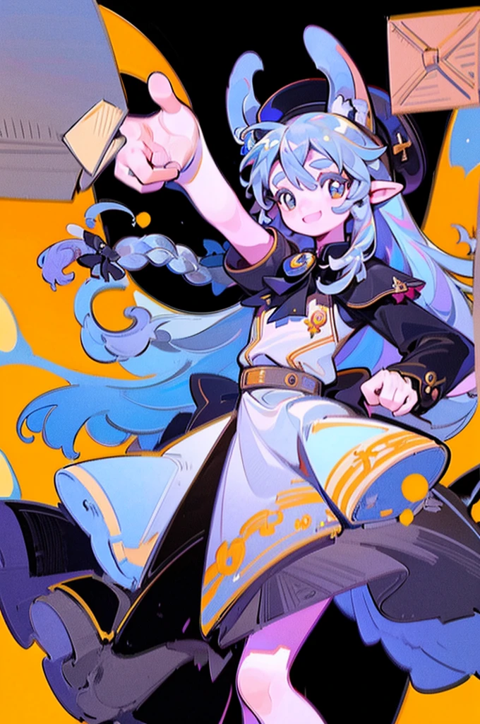 masterpiece, best quality, extremely detailed, detailed background, detailed face, smiling, dynanmic pose, parted bangs, 1girl, solo, long hair, white background, magical dress, letter, full body, very long hair, simple background, envelope, bow, braid, hair bow, looking at viewer, pointy ears, standing, ((pointing ak-47 gun at viewer)), hair ornament, long sleeves, pink dress, black footwear, green bow, grey hair, animal ears, hat, brown eyes, love letter, holding envelope, iridescent hair, digital art, masterpiece, 最high quality, super detailed, high quality, 4K, Style by NTY
