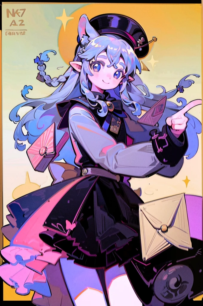 masterpiece, best quality, extremely detailed, detailed background, detailed face, smiling, dynanmic pose, parted bangs, 1girl, solo, long hair, white background, magical dress, letter, full body, very long hair, simple background, envelope, bow, braid, hair bow, looking at viewer, pointy ears, standing, ((pointing ak-47 gun at viewer)), hair ornament, long sleeves, pink dress, black footwear, green bow, grey hair, animal ears, hat, brown eyes, love letter, holding envelope, iridescent hair, digital art, masterpiece, 最high quality, super detailed, high quality, 4K, Style by NTY