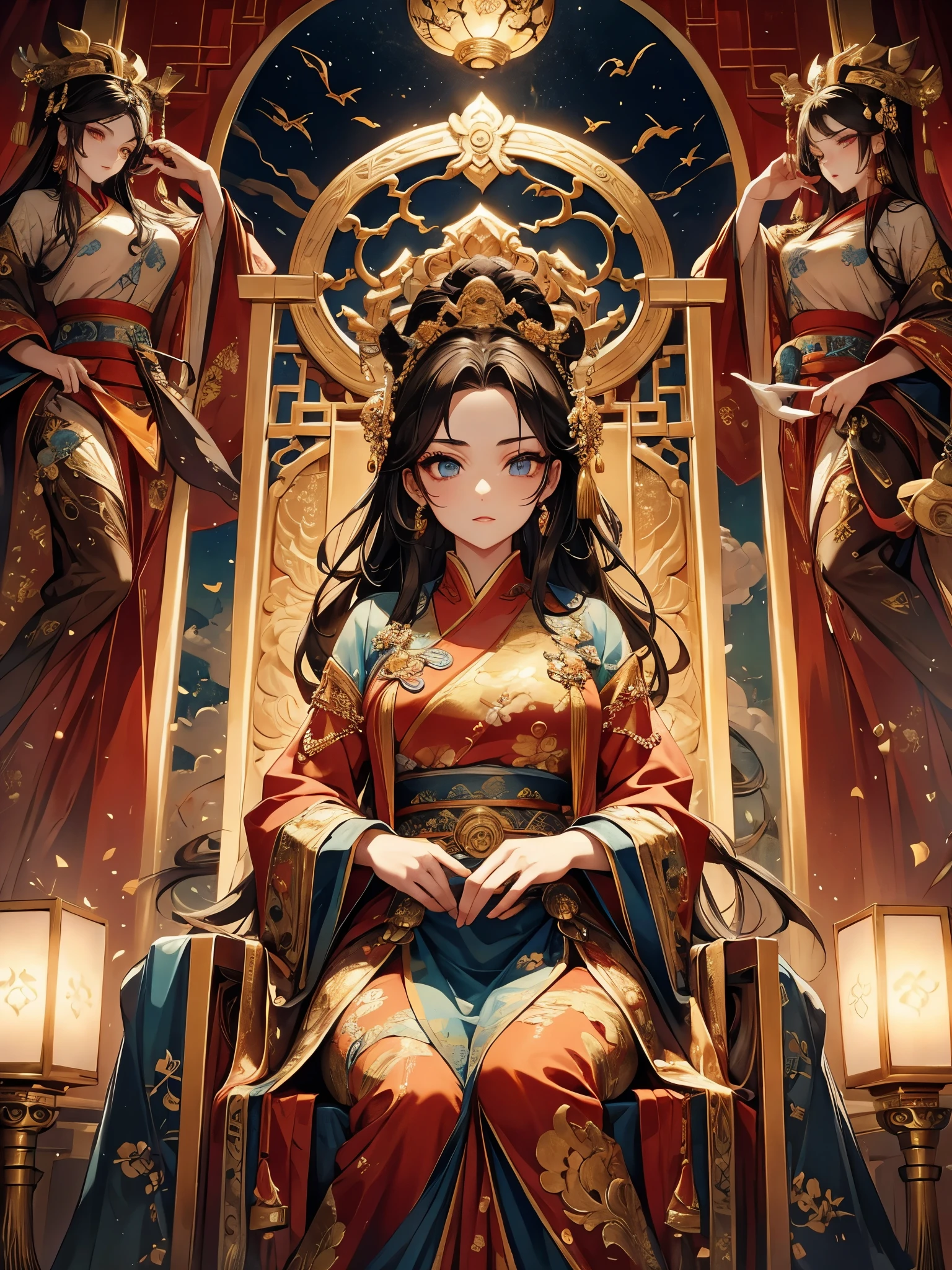 beautiful detailed eyes, beautiful detailed lips, extremely detailed eyes and face, long eyelashes, 1 emperor sitting on the throne in the main hall of an ancient Chinese palace high up in the clouds, surrounded by concubines and artisans kneeling before him, wearing luxurious ancient costume, majestic expression, ornate glazed tiles, colorful lighting, splashed ink, masterpiece, high quality, exquisite graphics, high detail