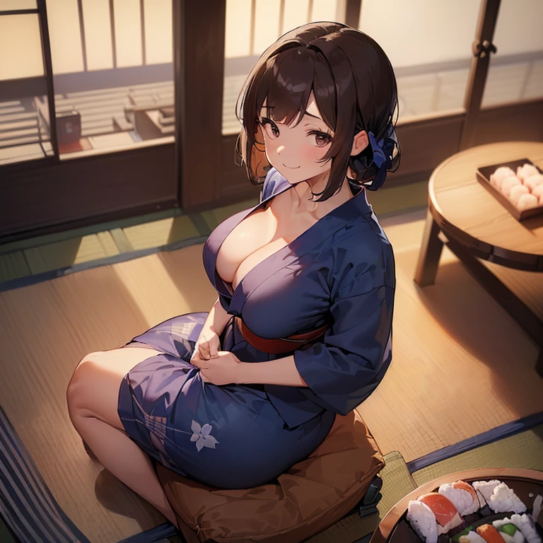 (((highest quality、High resolution、masterpiece、The perfect human body)))、(((Cowboy Shot)))、(((One Woman、8 heads、Brown Hair:1.3、Wavy Hair:1.3、Bobcut:1.3、Sweep your bangs to the side:1.3、Round eyes、beauty:1.3、smile、Flushing:1.3、、Big 、break,long, A plain navy blue yukata to wear at a ryokan、Japanese-style room in a ryokan、Sit upright on a cushion:1.3,Japanese food sushi on the table、,evening)))、、Giant 、 Puffs、Cleavage、Plump、Super 、Super big 