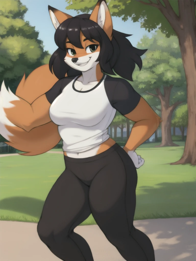 Furry, fox, smile, black leggings, white shirt, jogging, solo, park