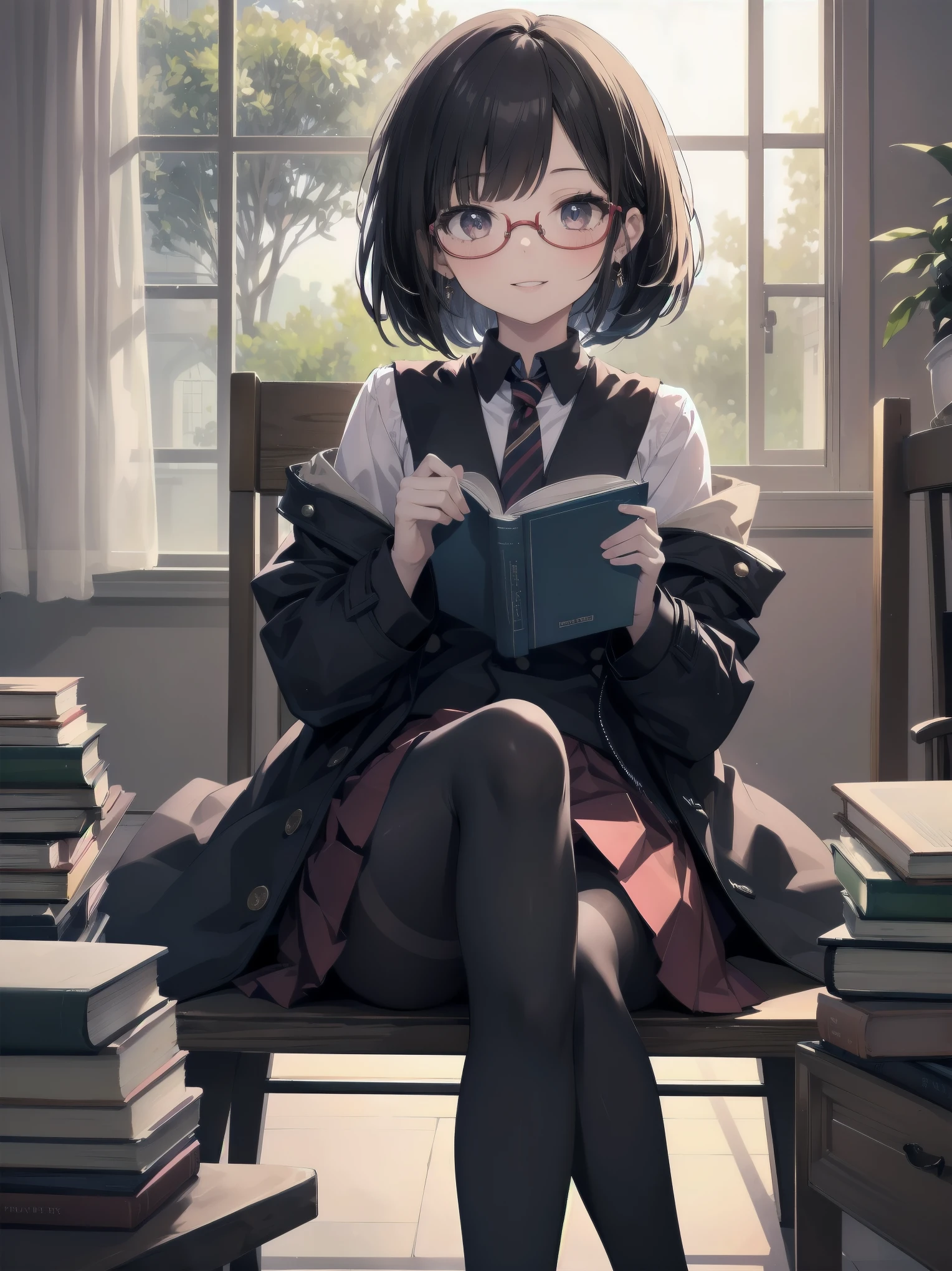 Masterpiece, high quality, high quality, super detailed, 1 girl, solo, looking directly up at viewer, smiling, priss skirt, dark hair, sitting, uniform, lips parted, tie, glasses, black tights, indoor, dark eyes, coat, book, cosplay, window, red skirt, bob cut braided, round glasses, adjust glasses, Hogwarts uniform