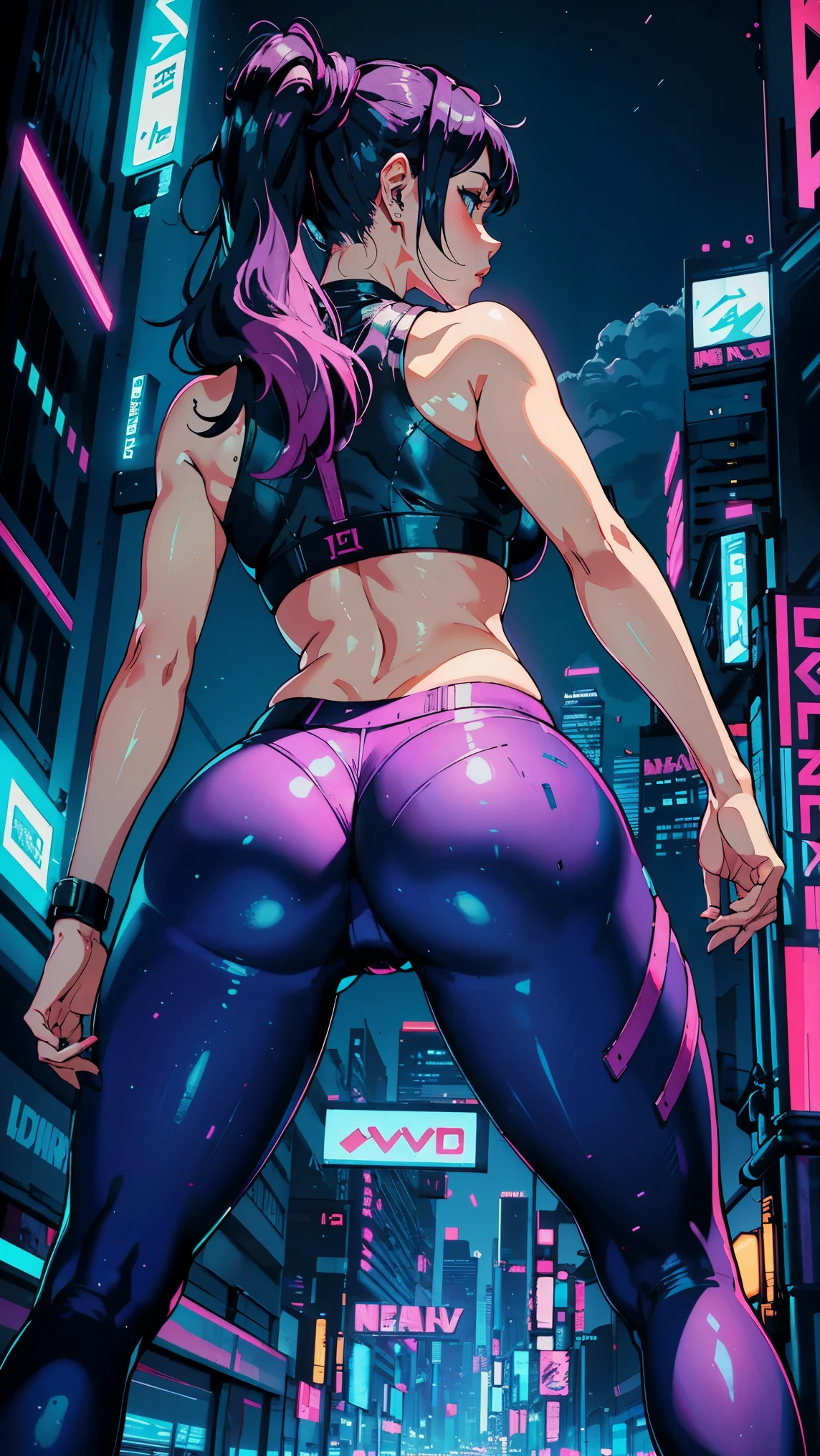 (Hinata Hyuga, whole body, Very sensual, In tight clothes, Big Ass, Thick legs, trainer, Leggings pants, Navel comes out, Long Hair, Rear speakers, Very realistic, View of the Cyberpunk City, Clearly defined lines, Neon Lights Very Sexy, 8k, 8k Very detailed), (Very delicate and beautiful), (masterpiece), (Better Quality: 1.0), (Ultra-high resolution:1.0), ((Synthwave Background Theme)),