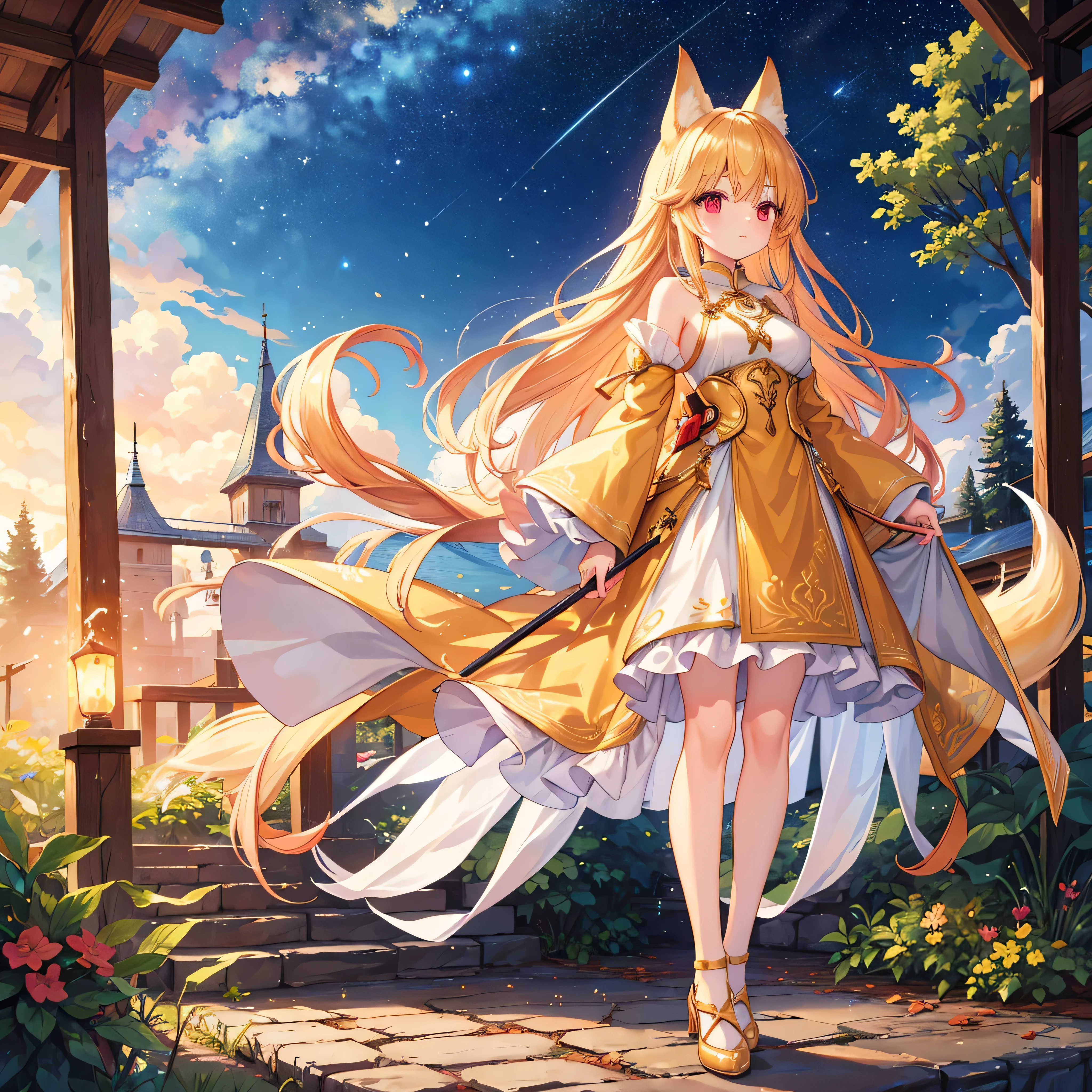 (masterpiece)、(highest quality)、((Very detailed))、(Very delicate)、cute、Golden Hair、Beautiful breasts、Nice、Fantastic forest and starry sky、Golden fox tail、Golden fox ears、Red eyes、one person、Long Hair、(Full body portrait),(Are standing:1.3)、Absolute area、cute armor suit、(Full body golden metal armor)、Holy sword in right hand
