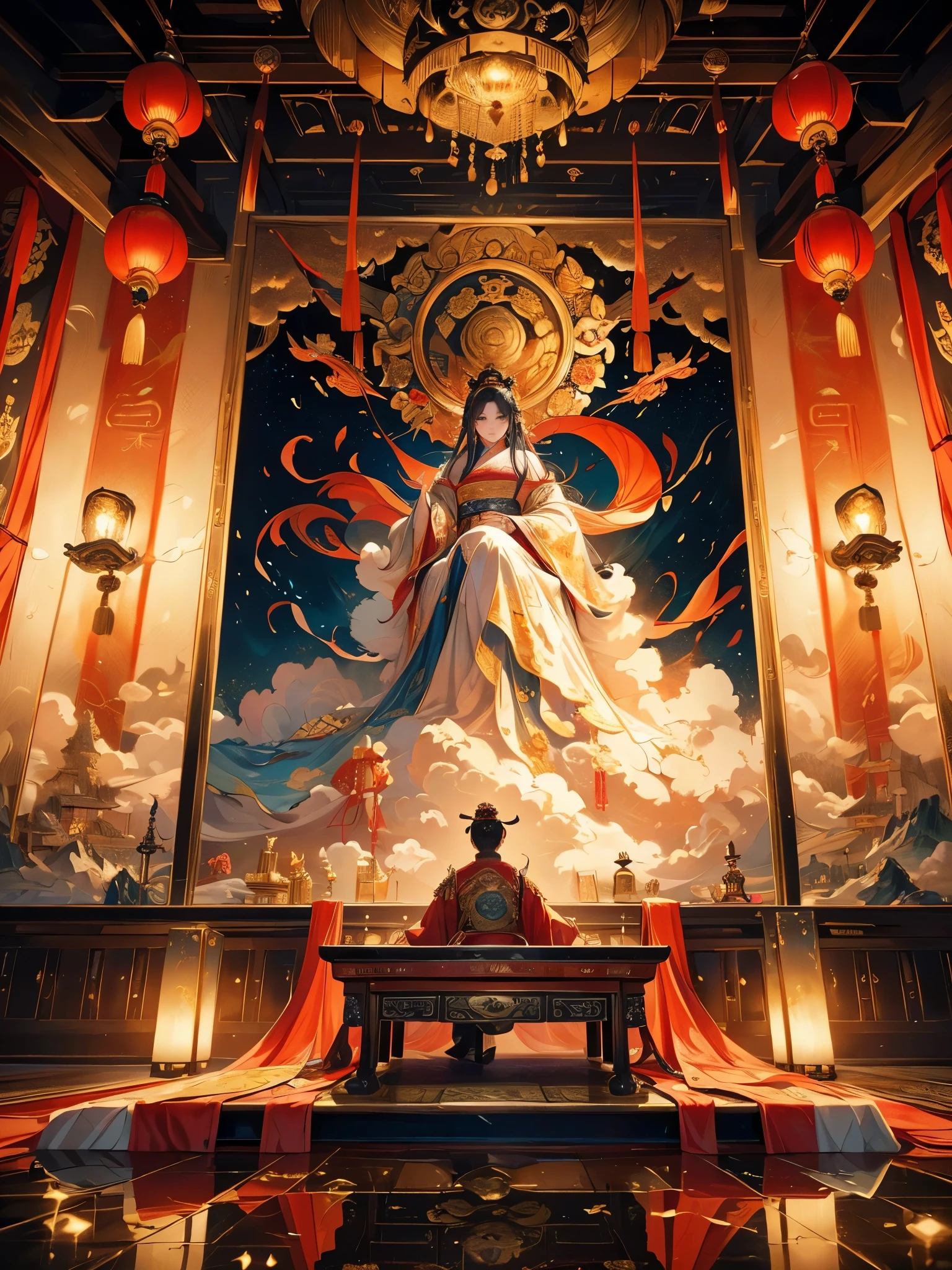 a magnificent ancient chinese imperial palace floating above the clouds, the emperor sitting on a grand throne in the main hall, wearing luxurious traditional robes with a stern expression, surrounded by his concubines and court artisans kneeling before him, exquisite glazed tiles, colorful lighting, intricate splash ink painting, (masterpiece:1.2), (best quality,4k,8k,highres,ultra-detailed,realistic,photorealistic,photo-realistic:1.37), extremely detailed, vivid colors, dramatic lighting