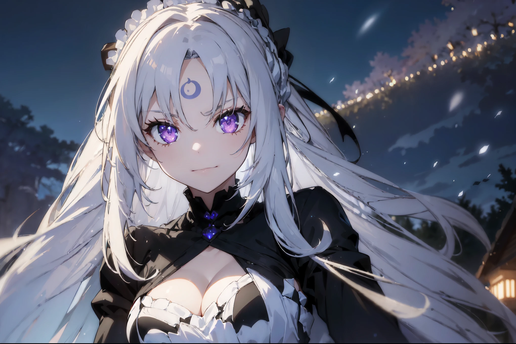 (best quality, highres, masterpiece : 1.4), (flatten art : 0.8), masterpiece, (best quality), dark environment, 1woman, anime, long hair, white hair, straight hair, pale skin, purple eyes, long pointy ears, tall, crescent tatoo at forehead, black dress, sadistic smirk, medium sized breast, (detailed face), (intricate hand),(detailed hand), solo, mystical atmosphere, night, snow, ice, winter, close-up
