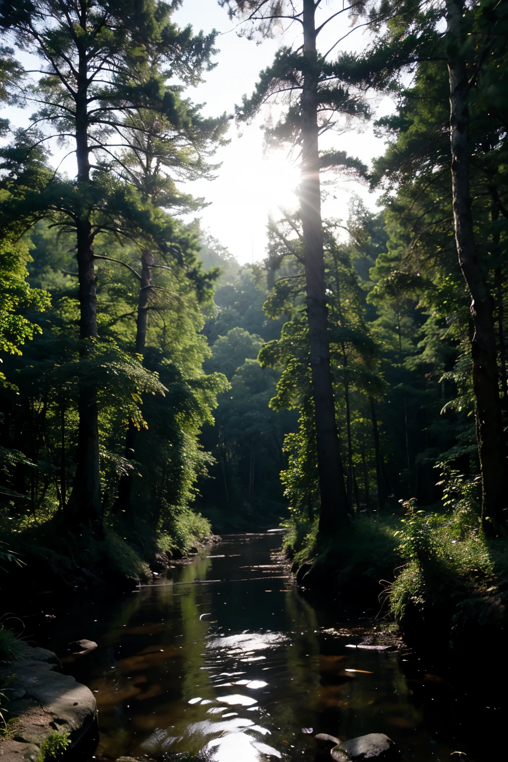 A river coming through a dark forest colour of water is radish sun is setting ...few birds are flying away far in the sky..forest is dense..image is overall in dark shade