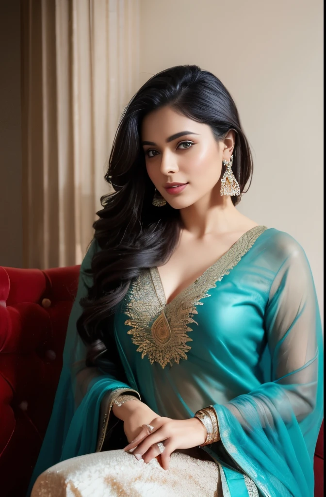 Portrait of A confident-looking 23 year old indian woman with long flowing light brown hair, hazel eyes, with flowing capes and ice blue colour saree, smiling, sitting on a sofa in luxury hotel room, perfect composition, hyperrealistic, super detailed, 8k, high quality, trending art, trending on artstation, sharp focus, siberian photo, intricate details, highly detailed, perfect 36-26-36 figure, perfect hands, perfect fingers on her lap art by greg rutkowski