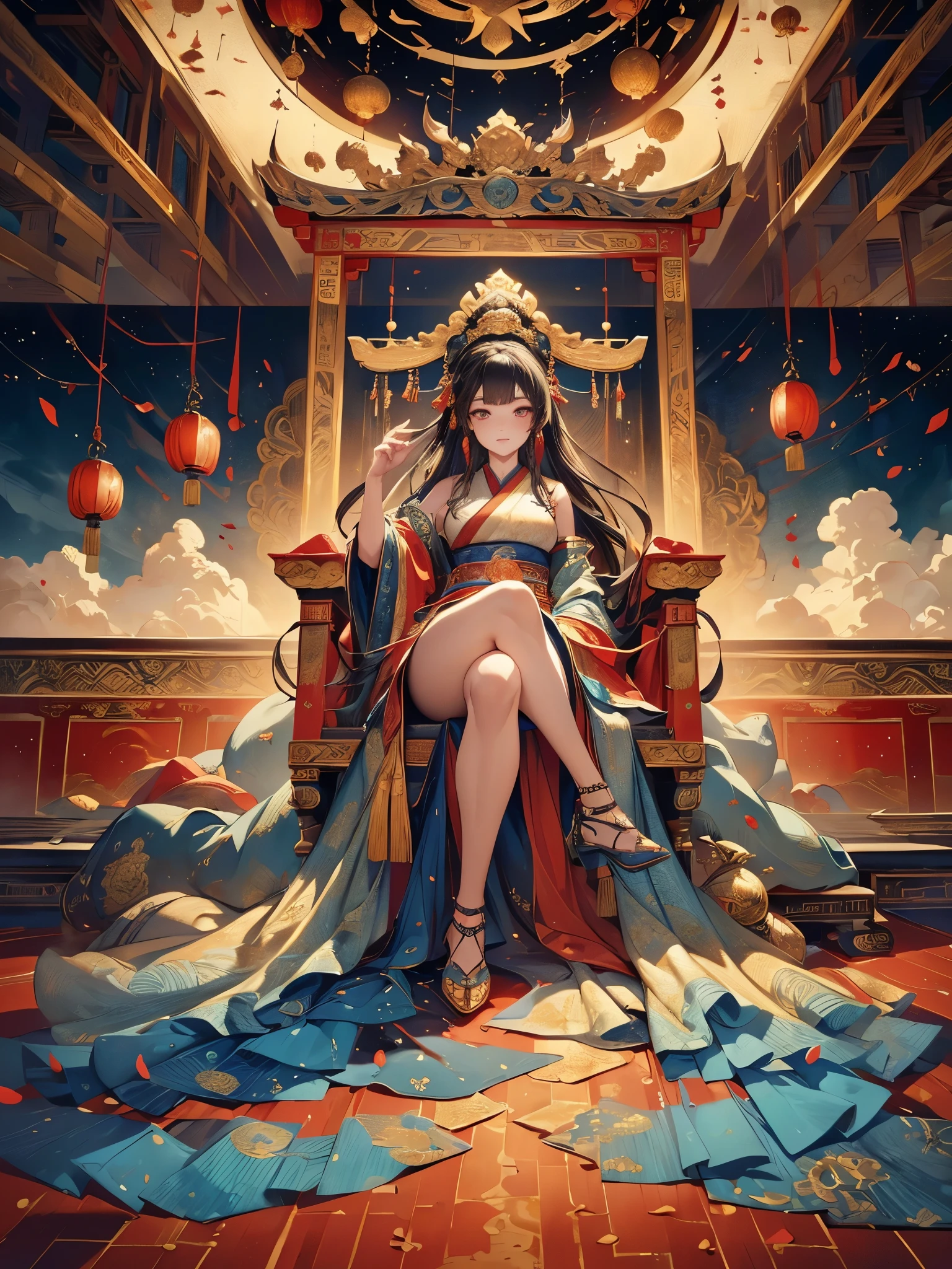 a magnificent ancient chinese imperial palace floating above the clouds, the emperor sitting on a grand throne in the main hall, wearing luxurious traditional robes with a stern expression, surrounded by his concubines and court artisans kneeling before him, exquisite glazed tiles, colorful lighting, intricate splash ink painting, (masterpiece:1.2), (best quality,4k,8k,highres,ultra-detailed,realistic,photorealistic,photo-realistic:1.37), extremely detailed, vivid colors, dramatic lighting