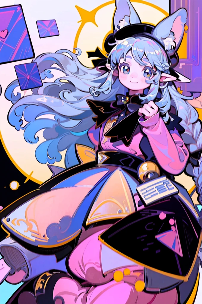 masterpiece, best quality, extremely detailed, detailed background, detailed face, smiling, dynanmic pose, parted bangs, 1girl, solo, long hair, white background, magical dress, letter, full body, very long hair, simple background, envelope, bow, braid, hair bow, looking at viewer, pointy ears, standing, (majestic pose), hair ornament, long sleeves, pink dress, black footwear, green bow, grey hair, animal ears, hat, brown eyes, love letter, holding envelope, iridescent hair, digital art, masterpiece, 最high quality, super detailed, high quality, 4K, Style by NTY