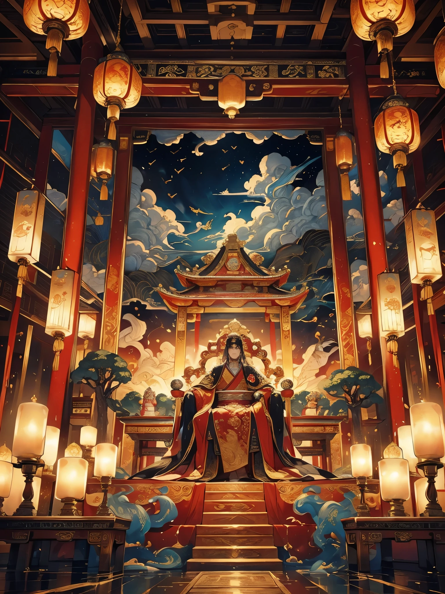 a majestic ancient chinese palace floating in the clouds, the emperor sitting on a grand throne in the main hall, wearing elaborate traditional robes, stern expression, surrounded by concubines and craftsmen kneeling before him, ornate glazed tiles, colorful lighting, ((splashing ink)), ((splashing ink}), masterpiece, best quality, exquisite details