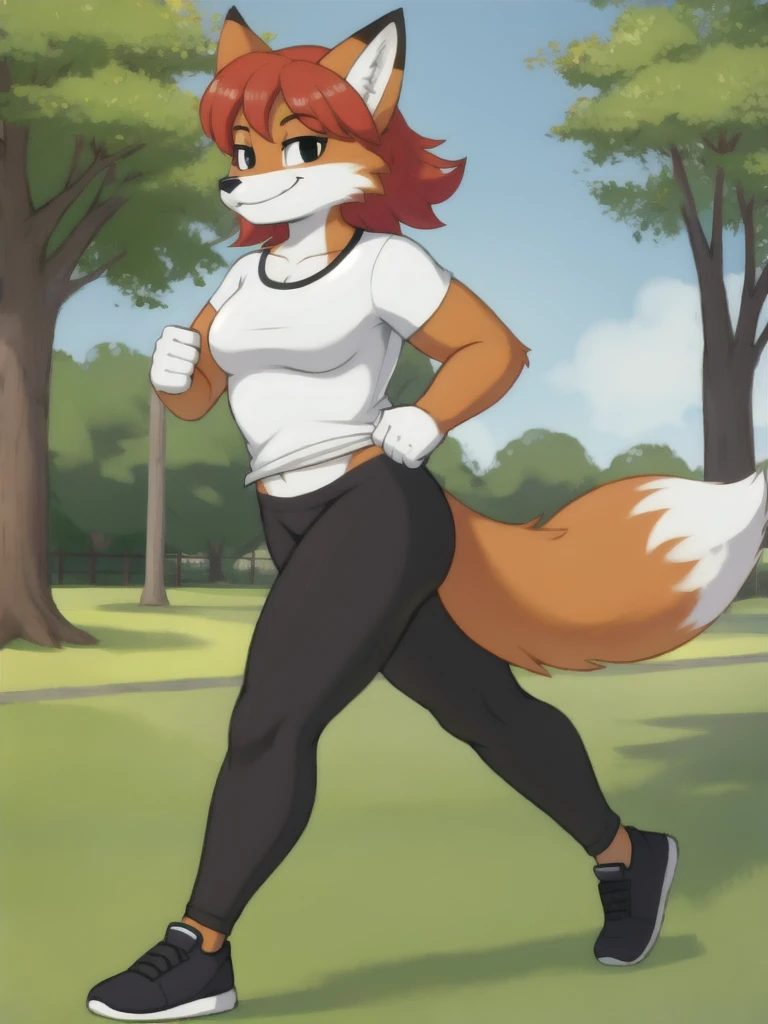 Furry, fox, smile, black leggings, white shirt, jogging, solo, park