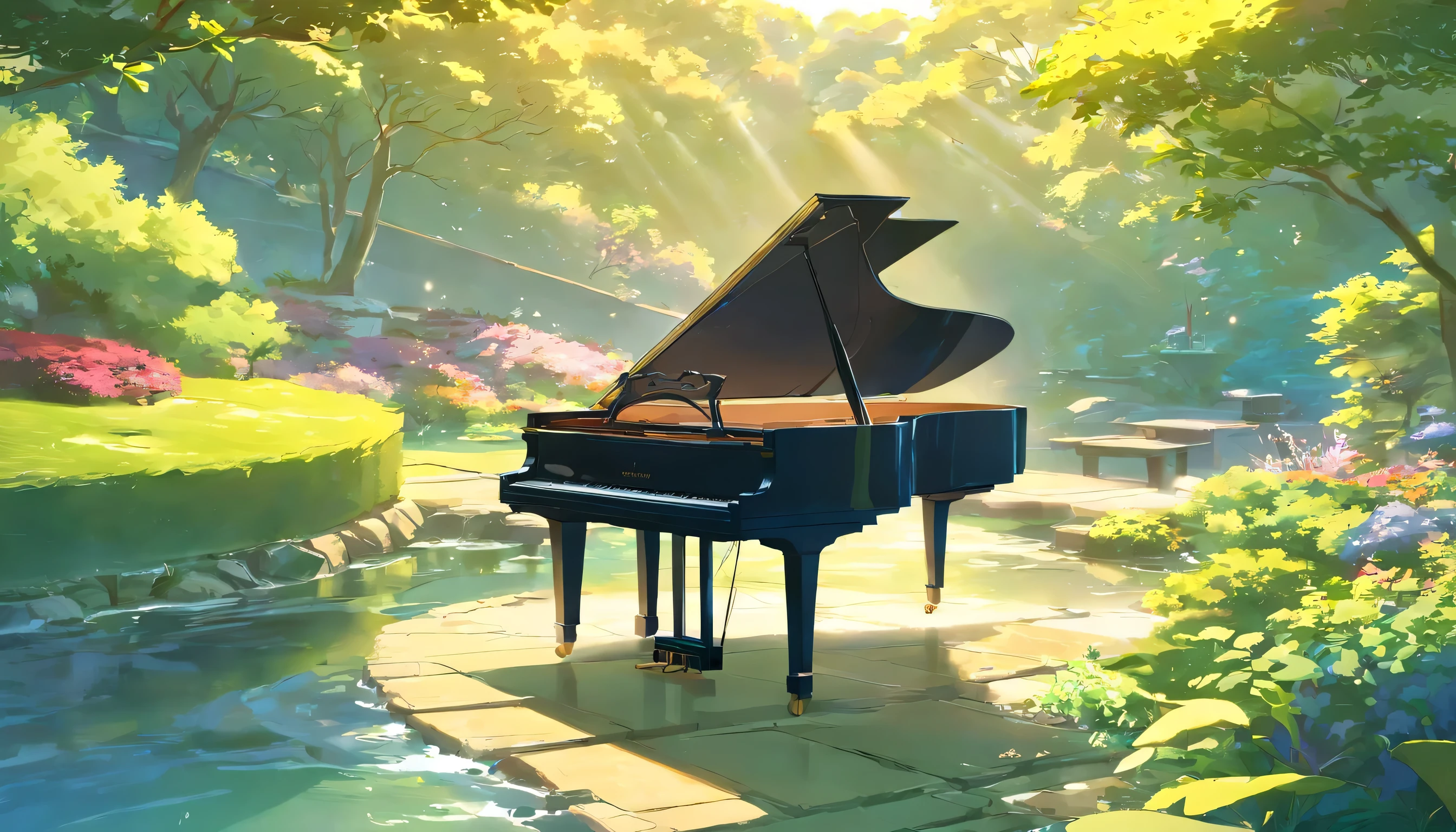 A grand piano is placed in the middle of the Japanese garden.,quiet、The small stream sparkles