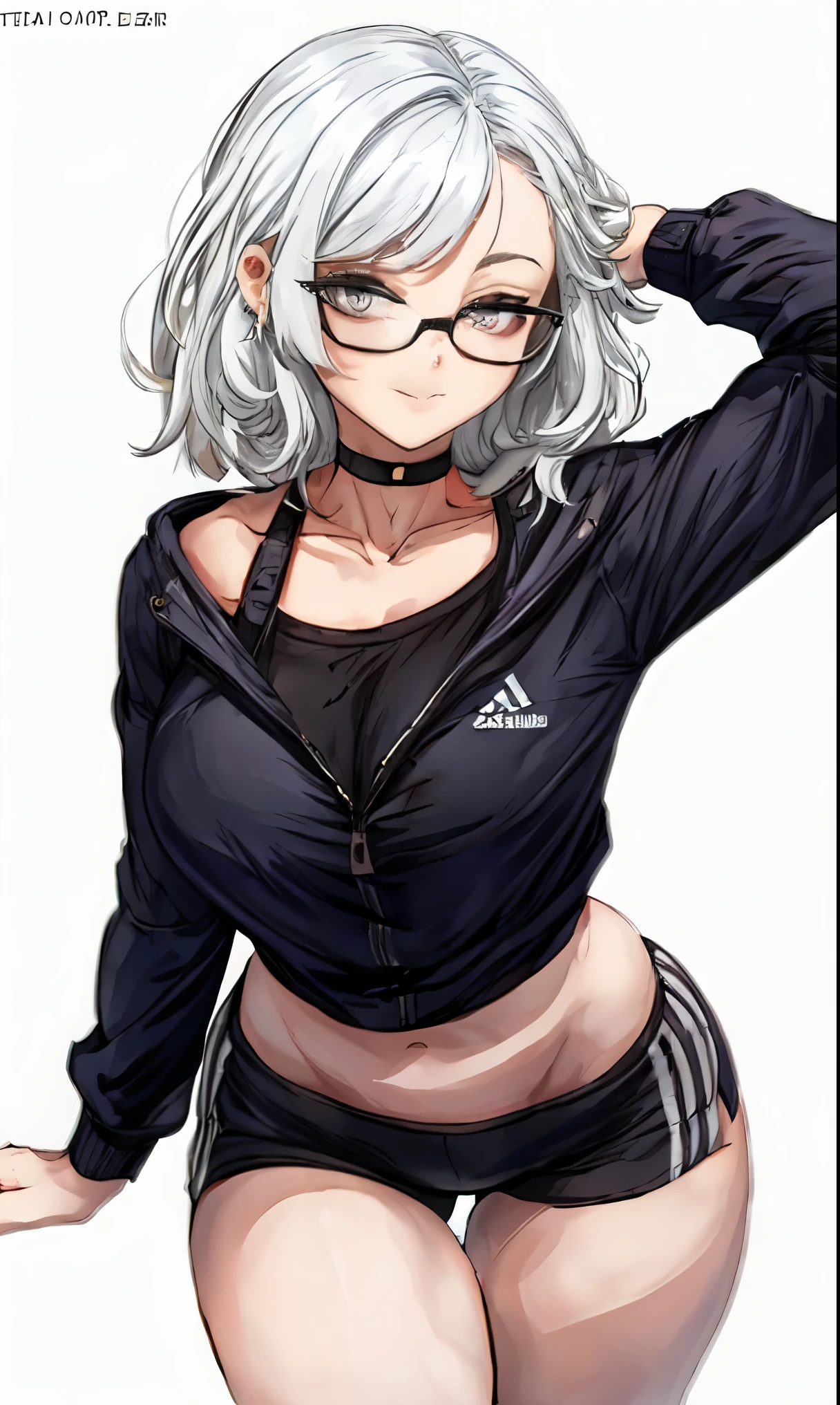 score_9, score_8_up, score_7_up, score_6_up, score_5_up, score_4_up, BREAK 1girl, white hair, asymmetrical hair, straight hair, long hair, tomboy, grey eyes, thick lips, light smile, long eyelashes, half-closed eyes, black-framed eyewear, round eyewear, black choker, swept bangs, adult, mature, black eyeliner, ear piercing, black lips, grey eyeshadow, looking at viewer, BREAK solo, standing, large breasts, adult, skinny, peace sign, from above, wedgie, highleg, arched back, thigh gap, white crop to, black sport shorts, white stripes, patterned clothing, adidas, black thong, floral print choker, goth, BREAK (white background:1.2), simple background, dynamic pose, dynamic angle, angled shot,