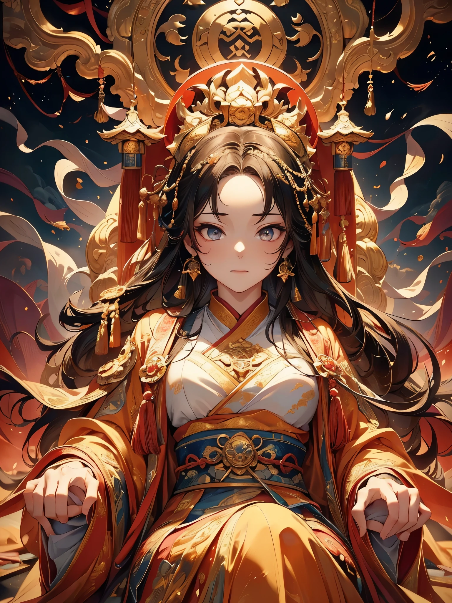 a magnificent ancient chinese imperial palace floating above the clouds, the emperor sitting on a grand throne in the main hall, wearing luxurious traditional robes with a stern expression, surrounded by his concubines and court artisans kneeling before him, exquisite glazed tiles, colorful lighting, intricate splash ink painting, (masterpiece:1.2), (best quality,4k,8k,highres,ultra-detailed,realistic,photorealistic,photo-realistic:1.37), extremely detailed, vivid colors, dramatic lighting