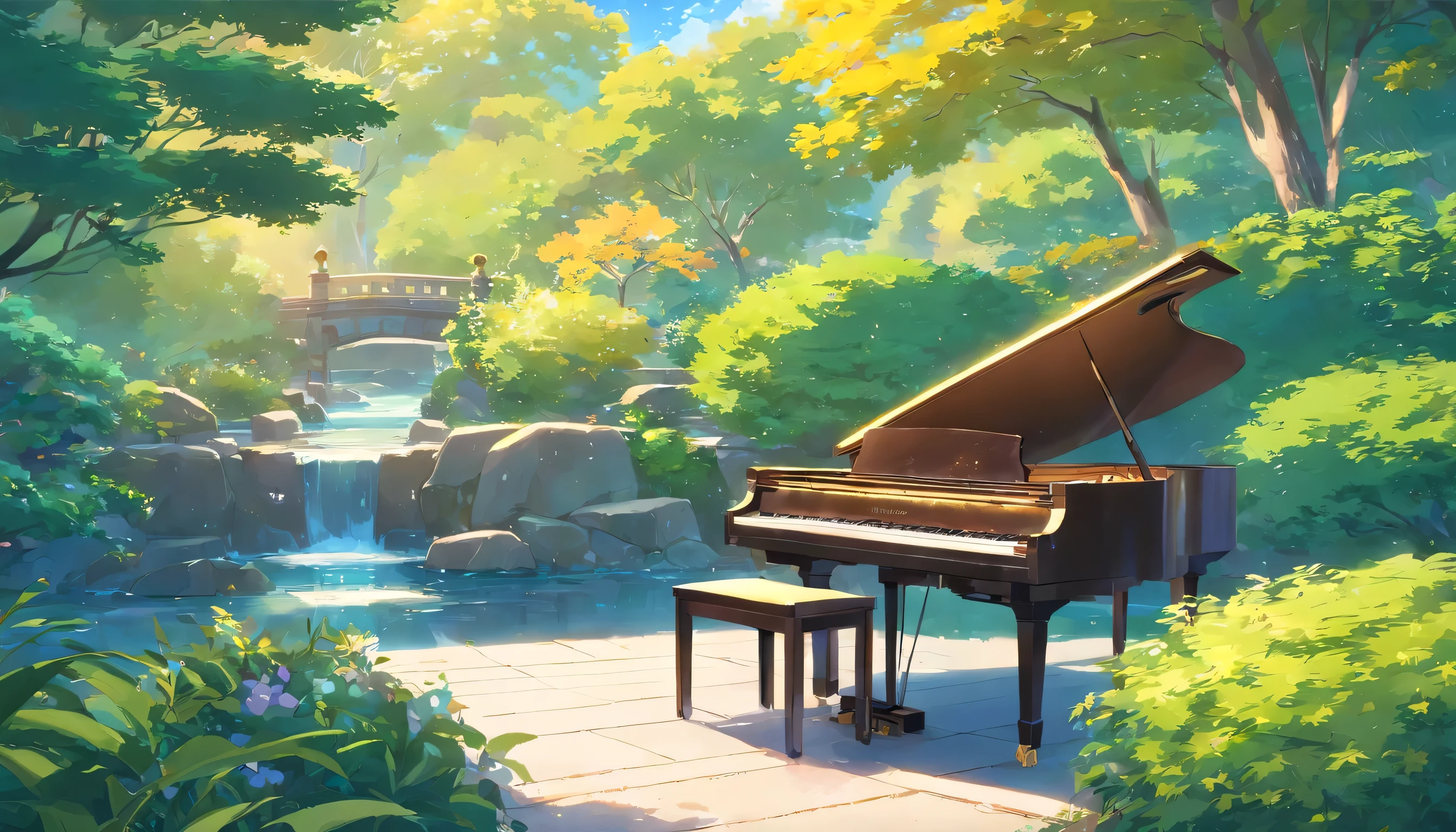 A grand piano is placed in the middle of the Japanese garden.,quiet、The small stream sparkles