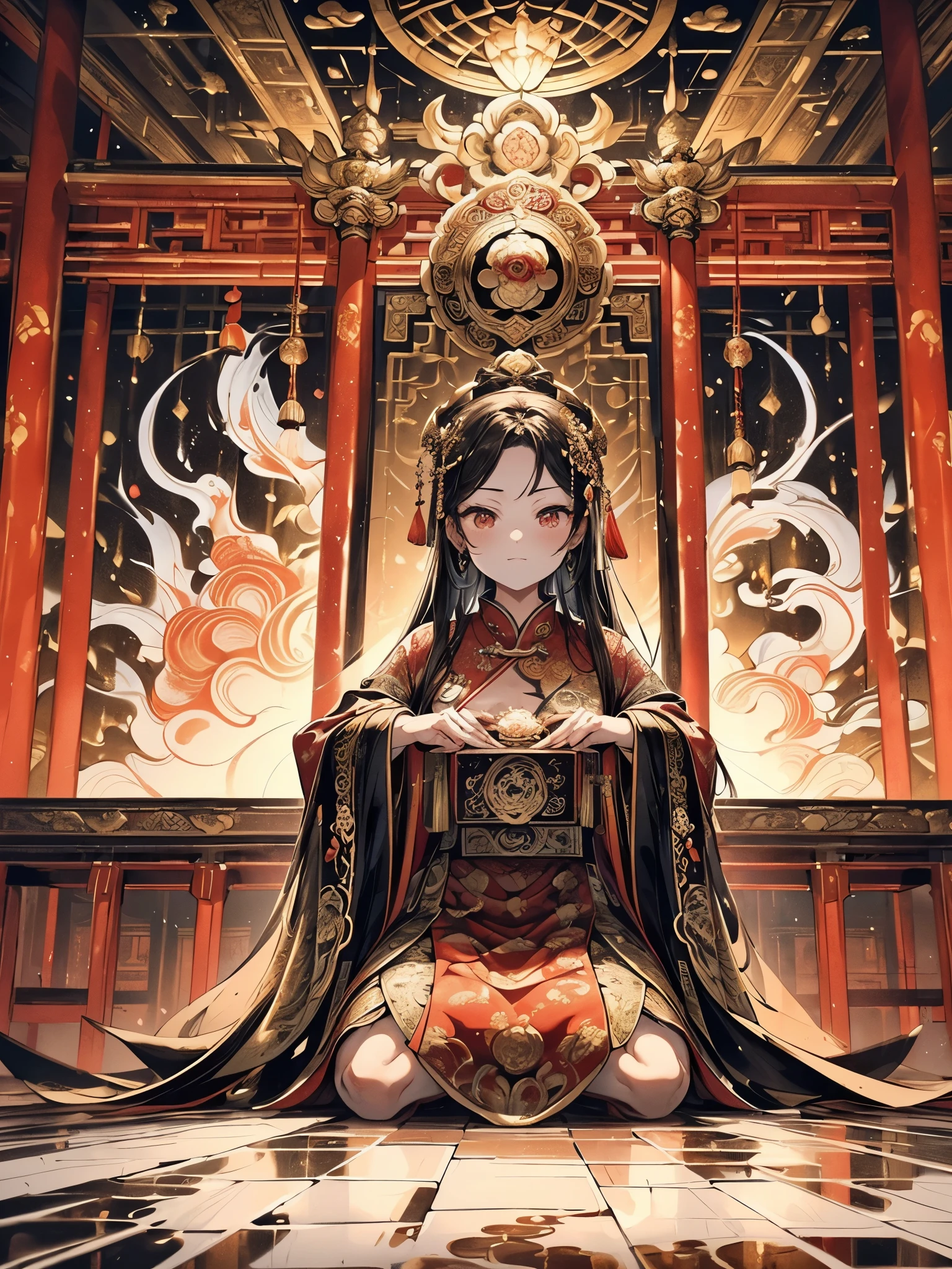 In real scenes, Chinese palaces above the clouds, In the main hall of the palace, The emperor sits on the throne, Wearing luxurious ancient costumes,Majestic face. Surrounded by concubines, The craftsman kneeling before them, Gorgeous, Glazed tiles, Colored lights, (((Ink splash)), ((Ink splash}), masterpiece, high quality, Beautiful graphics, High Detail: